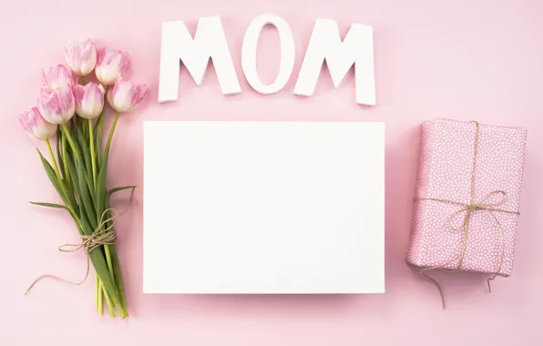 Picture holiday, gift, the inscription, bouquet, tulips, Mom