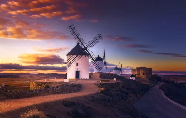 Picture road, the sky, clouds, sunset, castle, dawn, slope, path, windmills, windmill