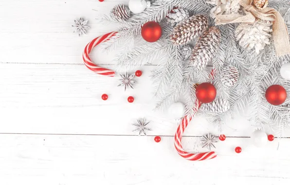Picture winter, snow, branches, holiday, balls, ate, Christmas, New year