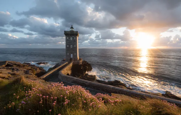 Picture sunset, flowers, the ocean, coast, France, lighthouse, France, The Atlantic ocean, Brittany, Brittany, Atlantic Ocean, …