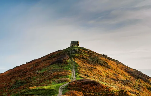 Picture autumn, the sky, hill, top, Britain, house, British, autumn, hill, Cornwall, Rame Head