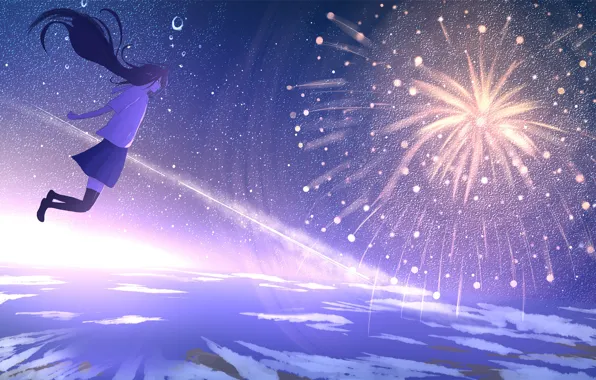 Picture the sky, girl, night, fireworks, school uniform, Sketcher