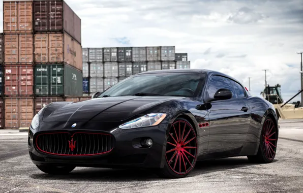Picture Maserati, black, GranTurismo, with, exterior, painted, lowered, Vossen wheels, matched, and red, on color, accents …