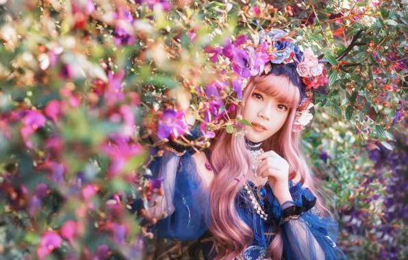 Picture summer, look, girl, light, flowers, nature, face, style, portrait, roses, garden, dress, outfit, horns, Asian, …
