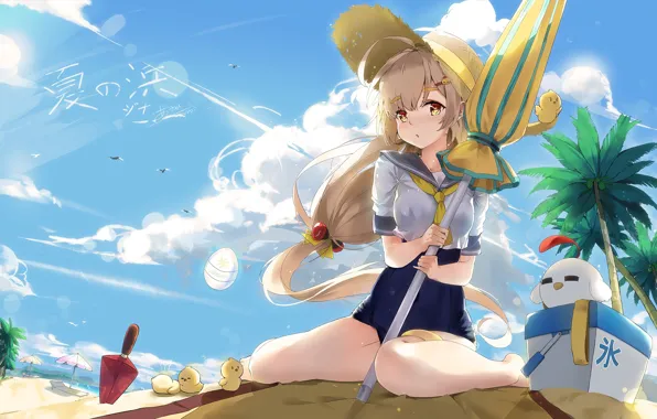 Picture Beach, Summer, Girl, Umbrella, Chickens