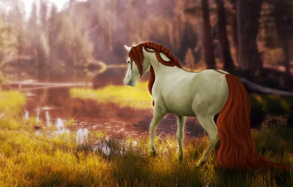 Picture forest, nature, river, horse, by ellipsiem