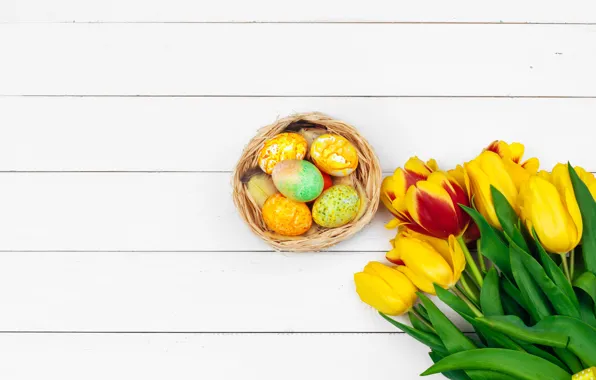 Picture flowers, eggs, spring, colorful, Easter, tulips, happy, yellow, wood, flowers, tulips, spring, Easter, eggs, decoration