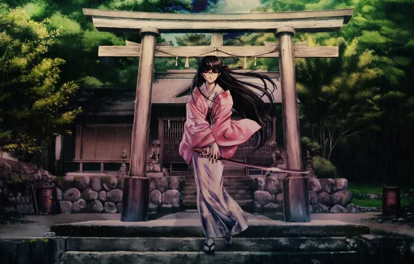 Picture girl, rain, sword, katana, stage, black lagoon, roberta