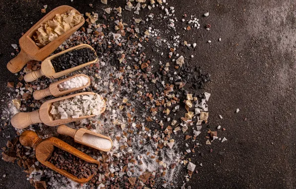 Picture placer, different, composition, spices, salt, seasoning, scoops, lots of spices