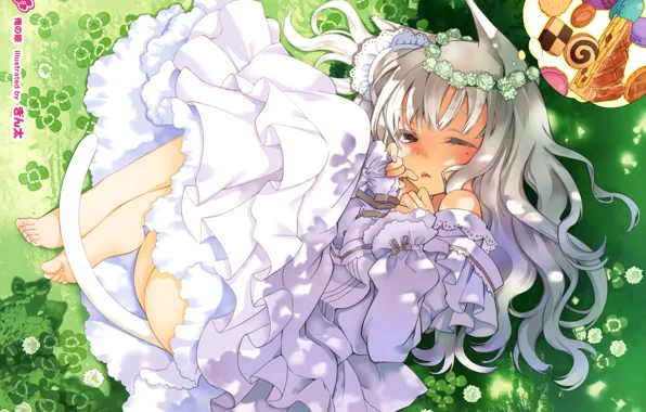 Picture dreams, girl, tail, sweets, clover, white dress, wreath, on the grass, barefoot, cat ears, neko …