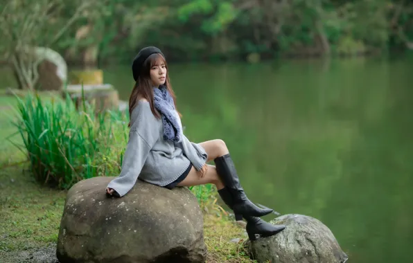 Picture stones, legs, Asian, boots, sitting, scarf, takes