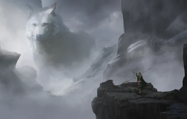 Picture fog, fiction, rocks, wolf, art, wolf