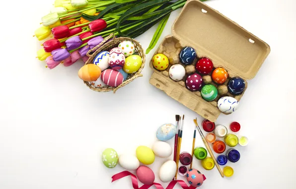 Picture flowers, eggs, spring, colorful, Easter, tulips, flowers, tulips, spring, Easter, eggs, decoration, Happy