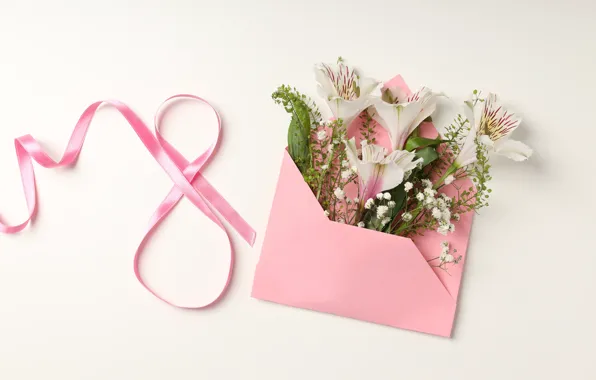 Picture flowers, happy, March 8, pink, flowers, spring, celebration, ribbon