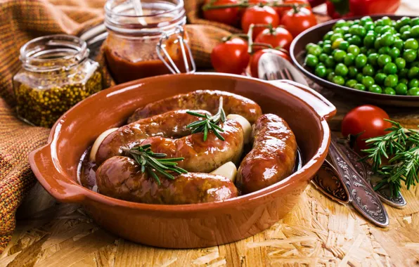 Picture food, tomatoes, sauce, seasoning, sausages, mustard, home, green peas