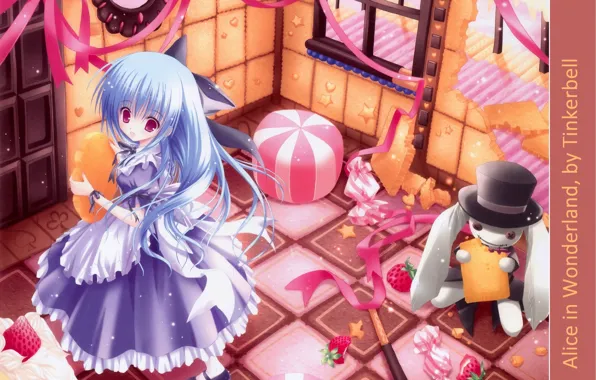 Picture cookies, sweets, lollipops, house, Alice in Wonderland, Alice in Wonderland, blue dress, cylinder hat