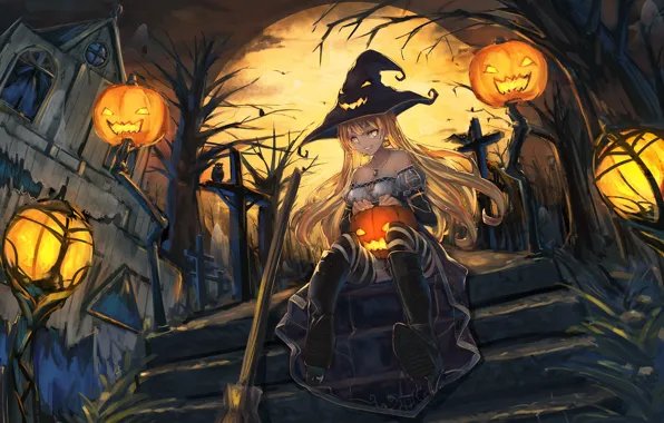 Picture girl, smile, house, the moon, hat, anime, art, ladder, pumpkin, witch, halloween, senwa