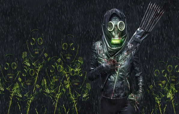 Picture girl, people, rain, jacket, gas mask