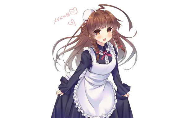 Picture white background, braids, blush, long hair, uniform, the maid, apron, ruffles