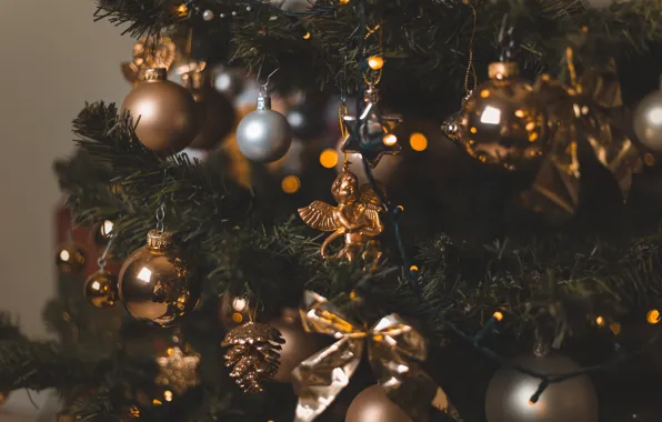 Picture winter, balls, branches, the dark background, holiday, balls, angel, Christmas