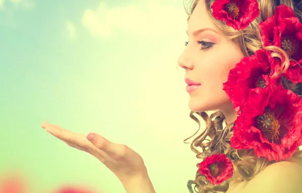 Picture look, girl, flowers, eyelashes, Maki, makeup, hairstyle, gesture