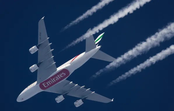 Picture The plane, Liner, A380, Airbus, Airliner, Airbus A380, In flight, Emirates Airlines, Contrail