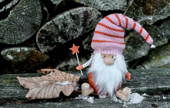 Picture toy, star, leaf, doll, Christmas, New year, wood, Board, Santa Claus, dwarf, cap, logs