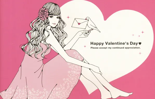Picture letter, dove, heart, pink background, valentine's day, flower in hair, pink dress, curly hair