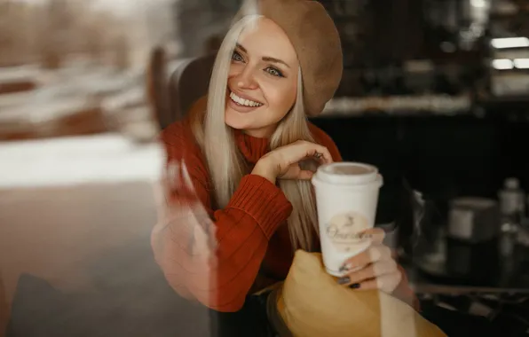 Picture glass, girl, smile, blonde, Cup, takes, Ivan Kovalev