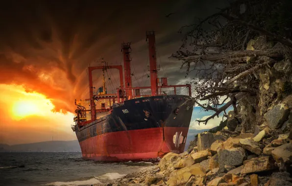 Picture storm, stones, ship, the ship, the cargo ship, broke, Paul Sahaidak