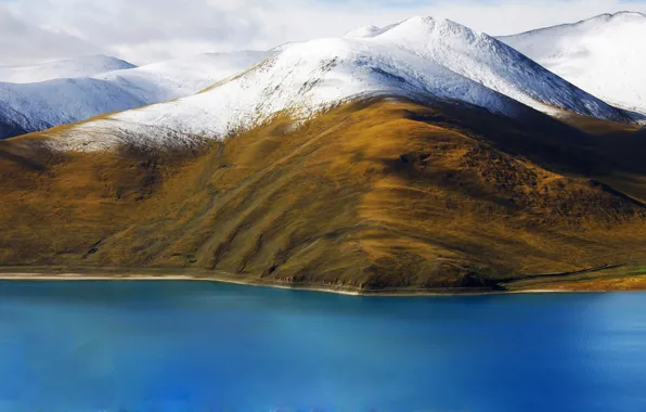 Picture the sky, clouds, snow, mountains, lake