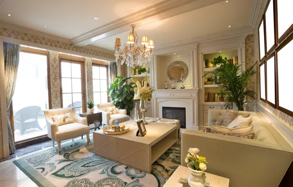 Picture flowers, room, sofa, mirror, chairs, chandelier, fireplace, living room