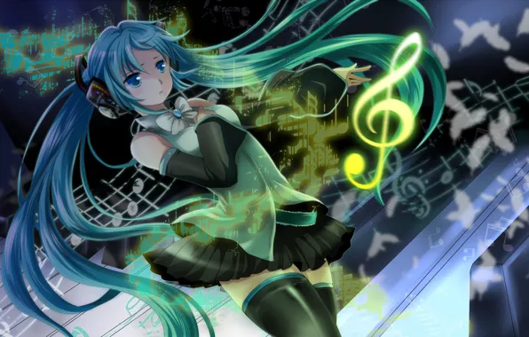 Picture girl, notes, feathers, headphones, art, vocaloid, hatsune miku, bow