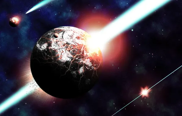 Picture destruction, planet, rays, space, cracked