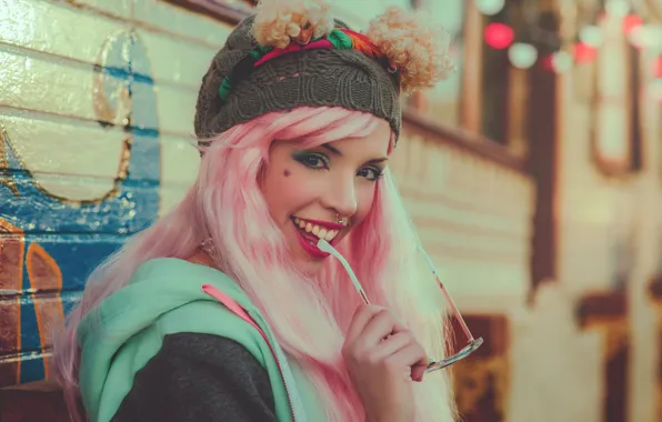 Picture look, girl, face, smile, style, mood, hat, makeup, piercing, glasses, pink hair, Carla Uyn