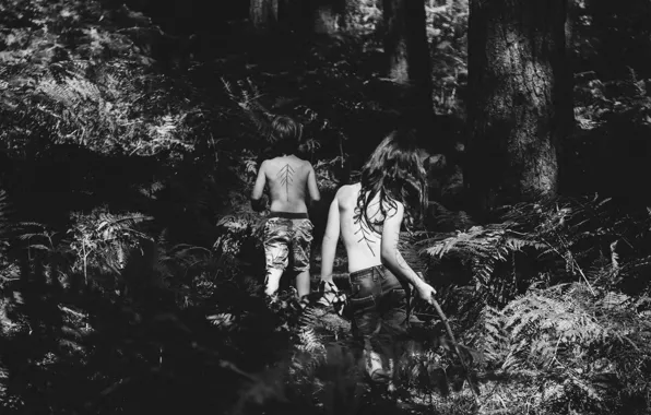 Picture girl, forest, trees, nature, people, boy, black and white, United Kingdom