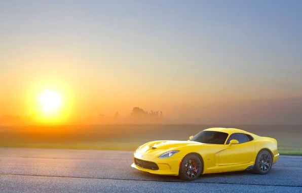 Picture Sunset, The sun, The sky, Yellow, Asphalt, Dodge, Viper, GTS, Viper, SRT