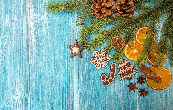 Picture Board, star, oranges, cookies, Christmas, New year, cinnamon, herringbone, needles, bumps, figures, snowflake, blue background, …