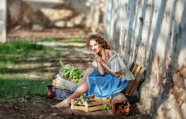 Picture look, girl, flowers, nature, pose, wall, bokeh, Anastasia Barmina