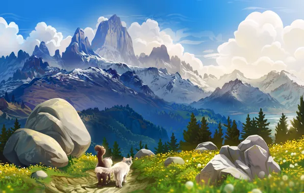 Picture mountains, cats, meadow