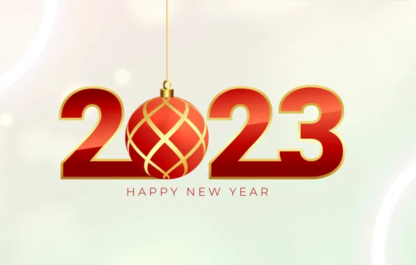 Picture ball, figures, red, New year, banner, gold plated, light background, date, bokeh, 2023, inscription