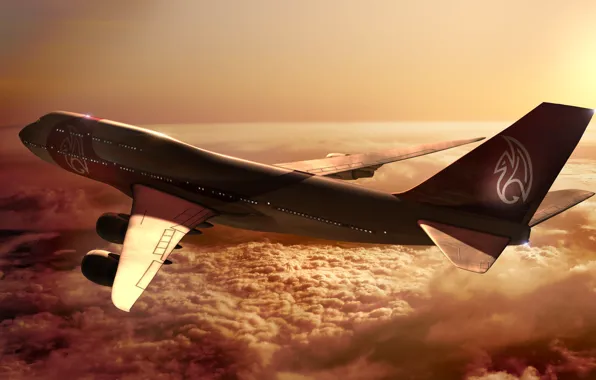 Picture Sunset, The sun, The sky, Clouds, The plane, Flight, Rays, Boeing