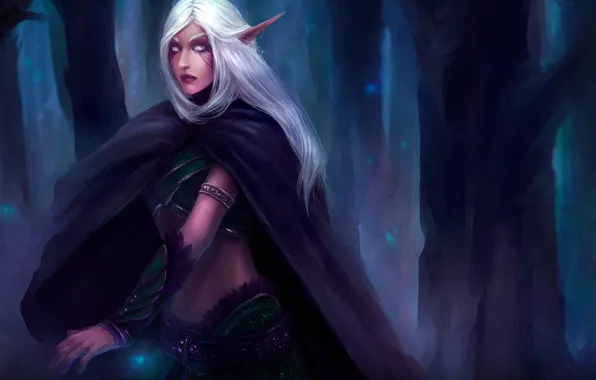 Picture forest, decoration, magic, elf, dark, tattoo, art, elf, cloak, wow, world of warcraft