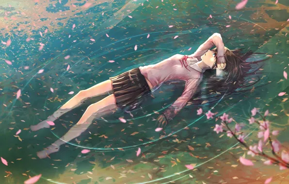Picture letter, water, girl, branch, anime, petals, Sakura, tears