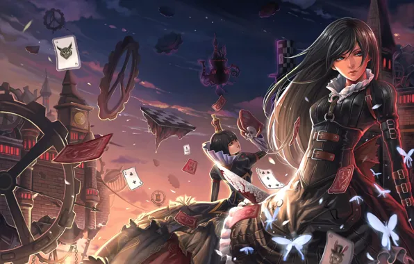 Picture card, butterfly, castle, girls, blood, skull, mechanism, knife