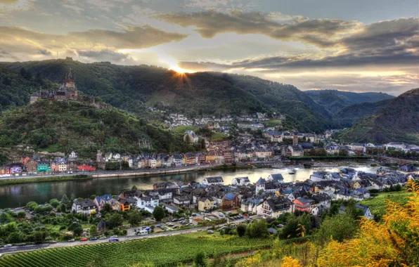 Picture the sky, the sun, clouds, the city, river, mountain, home, dal, Germany, horizon, Cochem
