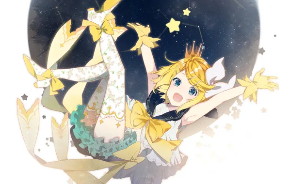 Picture the sky, girl, night, crown, Vocaloid, Kagamine Rin