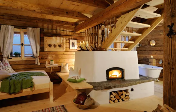 Picture house, tree, bed, interior, oven