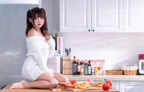 Picture look, pose, model, food, portrait, makeup, figure, dress, hairstyle, kitchen, braids, brown hair, legs, Asian, …