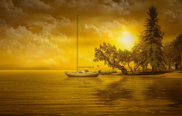 Picture the sky, the sun, clouds, trees, landscape, sunset, nature, reflection, rendering, shore, boat, the evening, …